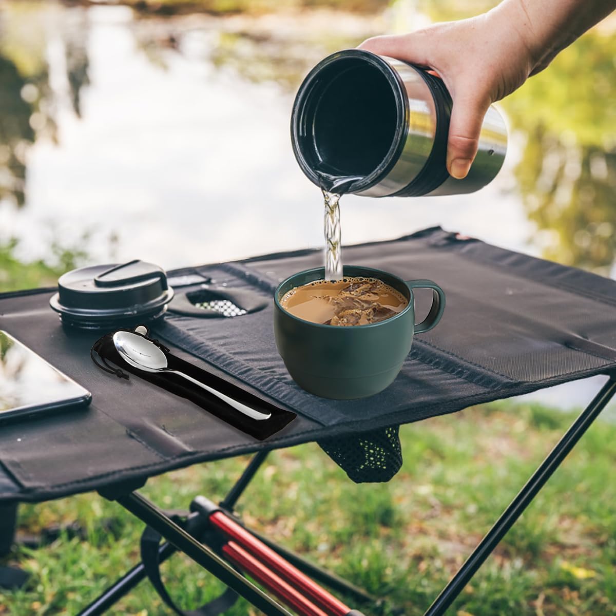 Camping Utensils Set, ReaNea Camping Plates and Bowls Set with Coffee Mug, Travel Cutlery Set Include Spoon, Fork, Knife for Home, Poolside, Outdoor, Picnic, Camp