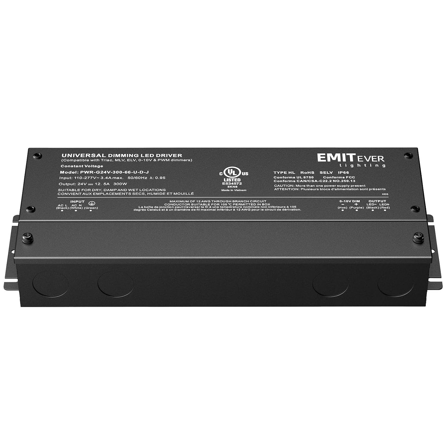 EMITEVER 300W 24V 5-in-1 Dimmable LED Driver,AC 110-277V to DC Transformer