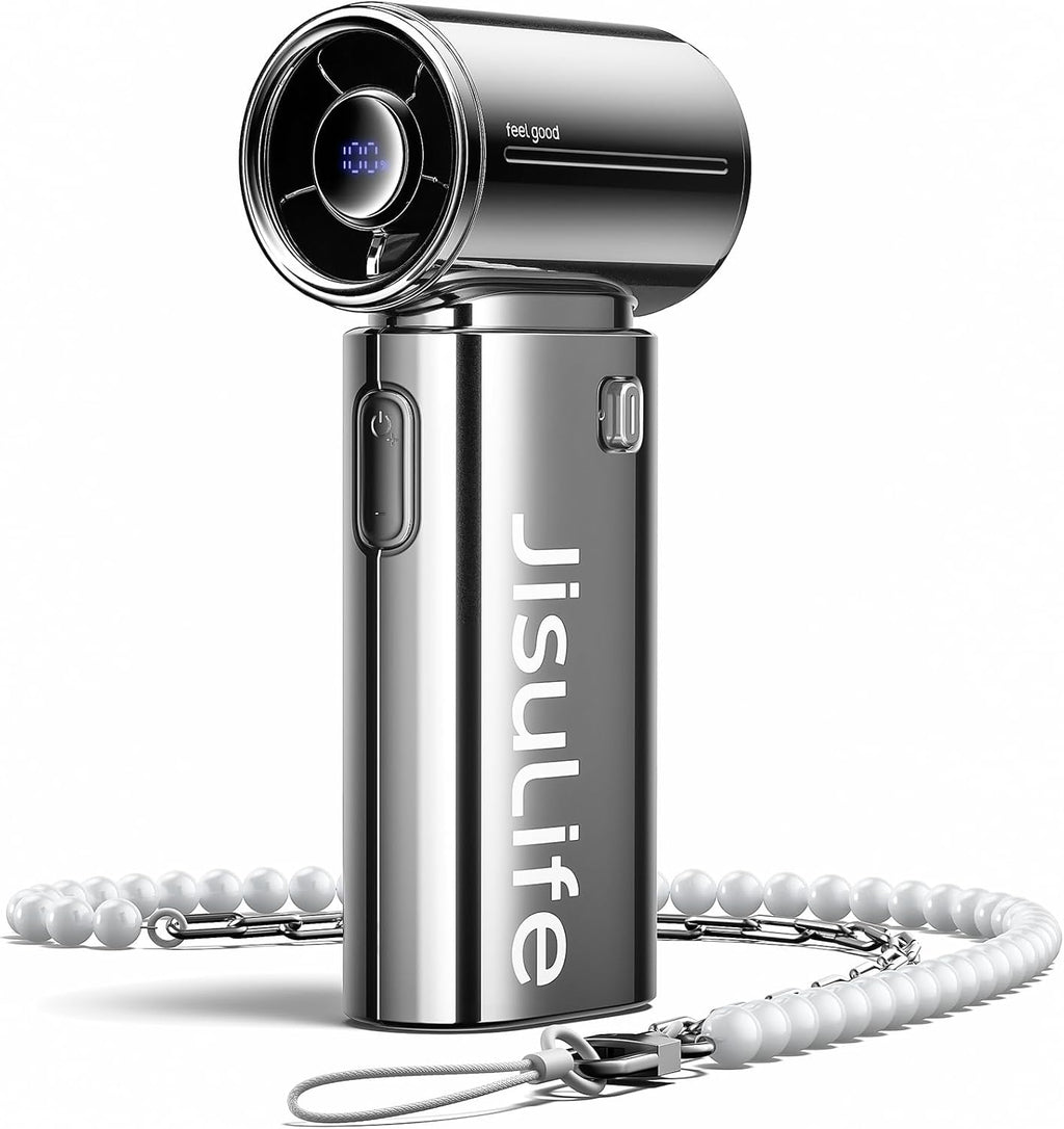 JISULIFE Handheld Fan Life9S - Sleek Chrome: Turbo Power, 22 Hours Cooling