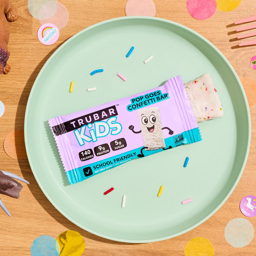 TRUBAR Kids Protein Bars, Pop Goes Confetti, Plant Based Protein, Gluten Free School-Friendly Snacks for Lunchboxes, Tree Nut and Peanut Free, Low Sugar, Healthy On the Go Snack Bars, 12 Count