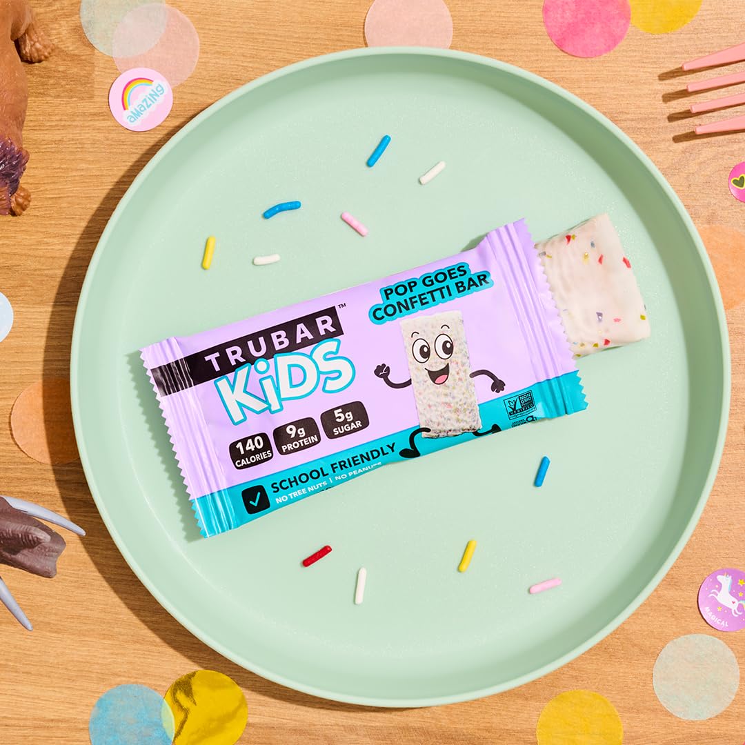 TRUBAR Kids Protein Bars, Pop Goes Confetti, Plant Based Protein, Gluten Free School-Friendly Snacks for Lunchboxes, Tree Nut and Peanut Free, Low Sugar, Healthy On the Go Snack Bars, 12 Count