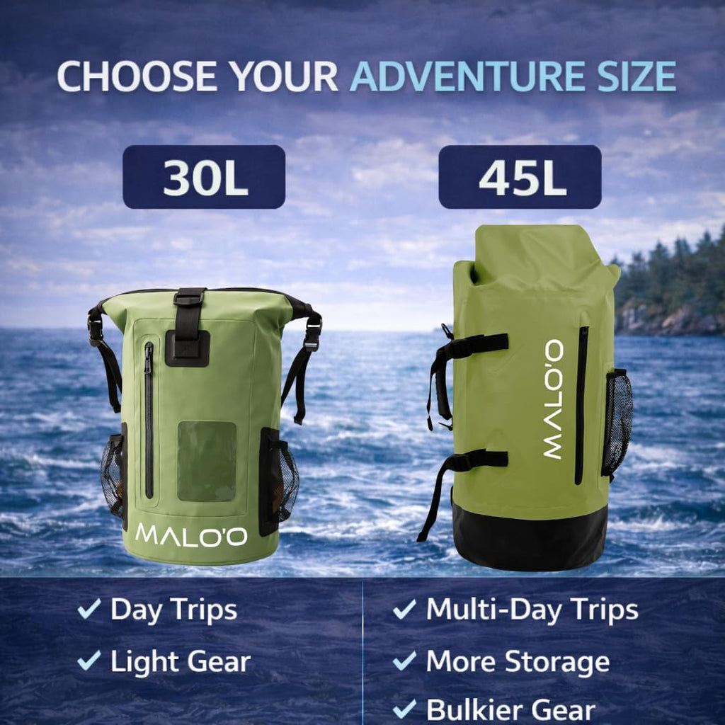 Malo’o 45L Waterproof Dry Bag Backpack – Heavy Duty Roll Top Fishing & Beach Backpack, IPX6 Water Resistant Gear Bag for Kayaking, Camping, Surf, Travel & Outdoor Adventure