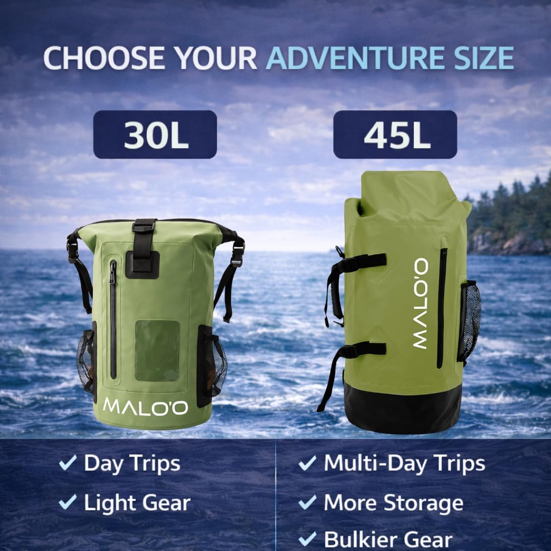 Malo’o 45L Waterproof Dry Bag Backpack – Heavy Duty Roll Top Fishing & Beach Backpack, IPX6 Water Resistant Gear Bag for Kayaking, Camping, Surf, Travel & Outdoor Adventure