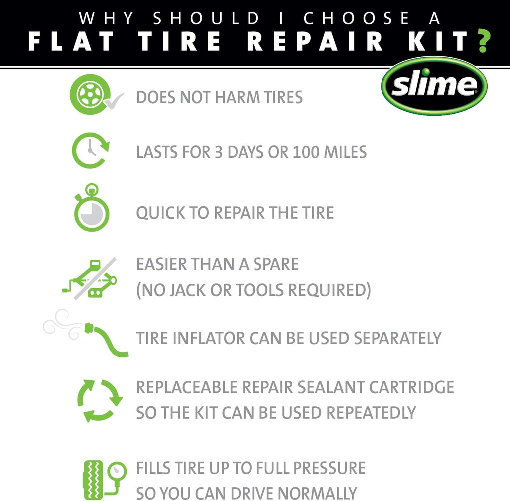 Slime 50139 Flat Tire Puncture Emergency Kit, Includes Sealant and Tire Inflator Pump, Analog, Suitable for Cars and Other Highway Vehicles, 10 Min Fix