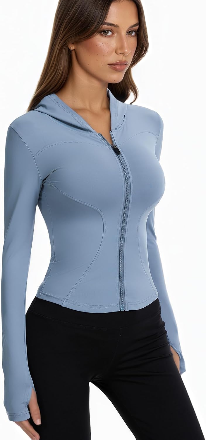 Women Bbl Jackets with Hood Compression Workout Tops Lined or Unlined Lightweight Yoga Gym Jacket with Thumb Hole