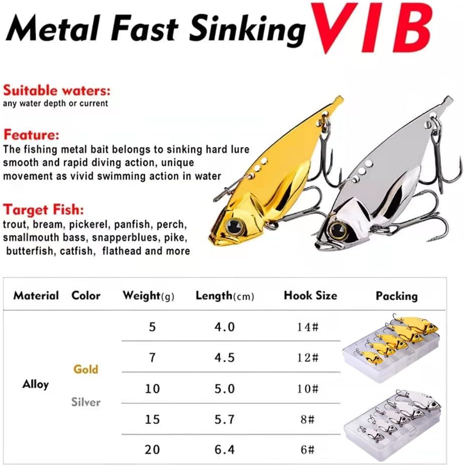 5 Pack Metal Blade Baits for Bass Fishing Lures Hard Metal VIB Fishing Spoons Crankbaits Swimbaits for Trout Walleye Crappie Saltwater Blade Bait Fishing