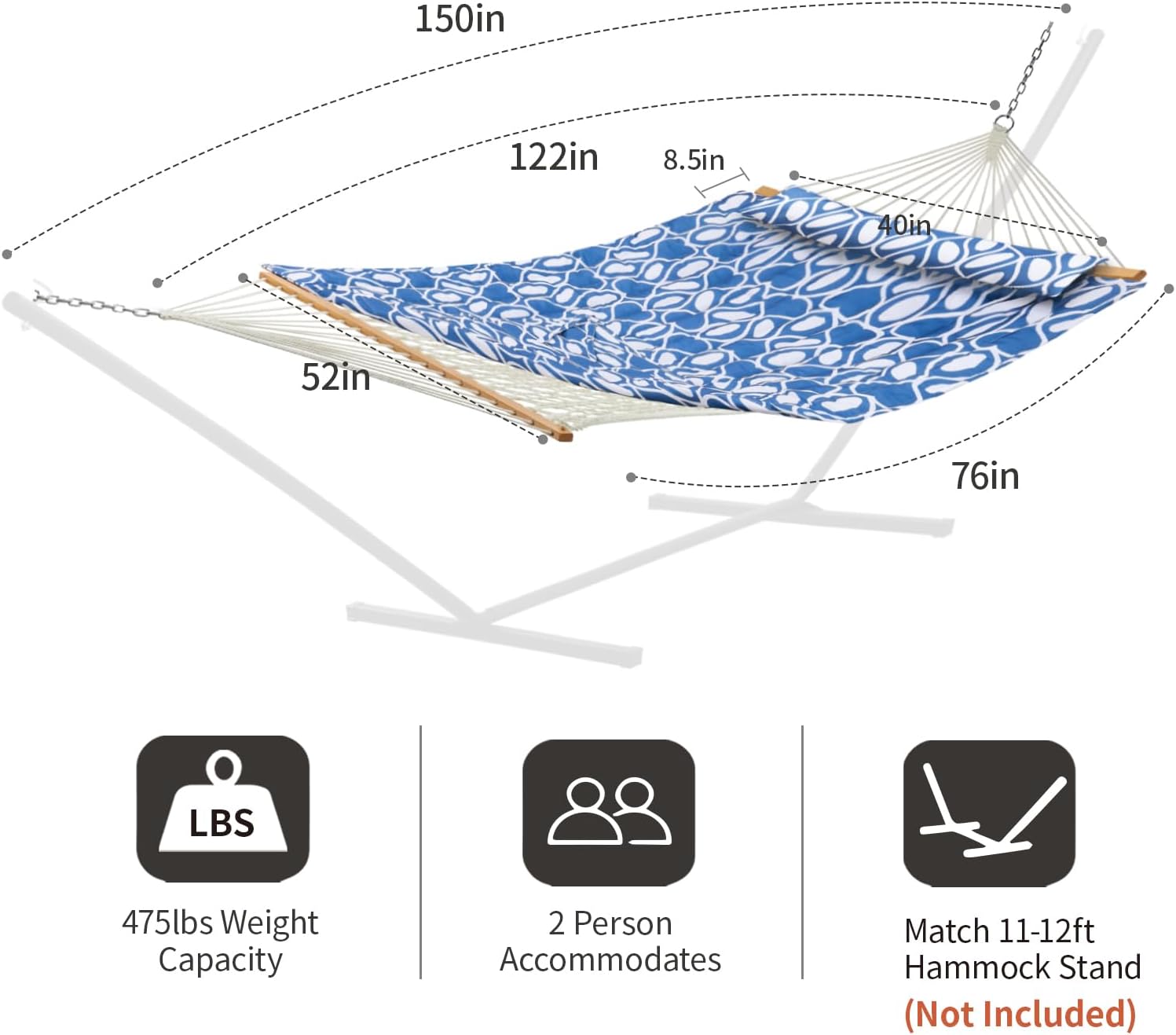 CHULIM Outdoor Double Hammock with Hardwood Spreader Bars, Large Rope Hammock with Polyester Pad and Pillow, 475 LBS Capacity for 2 Person Patio Backyard Poolside - Blue Printing