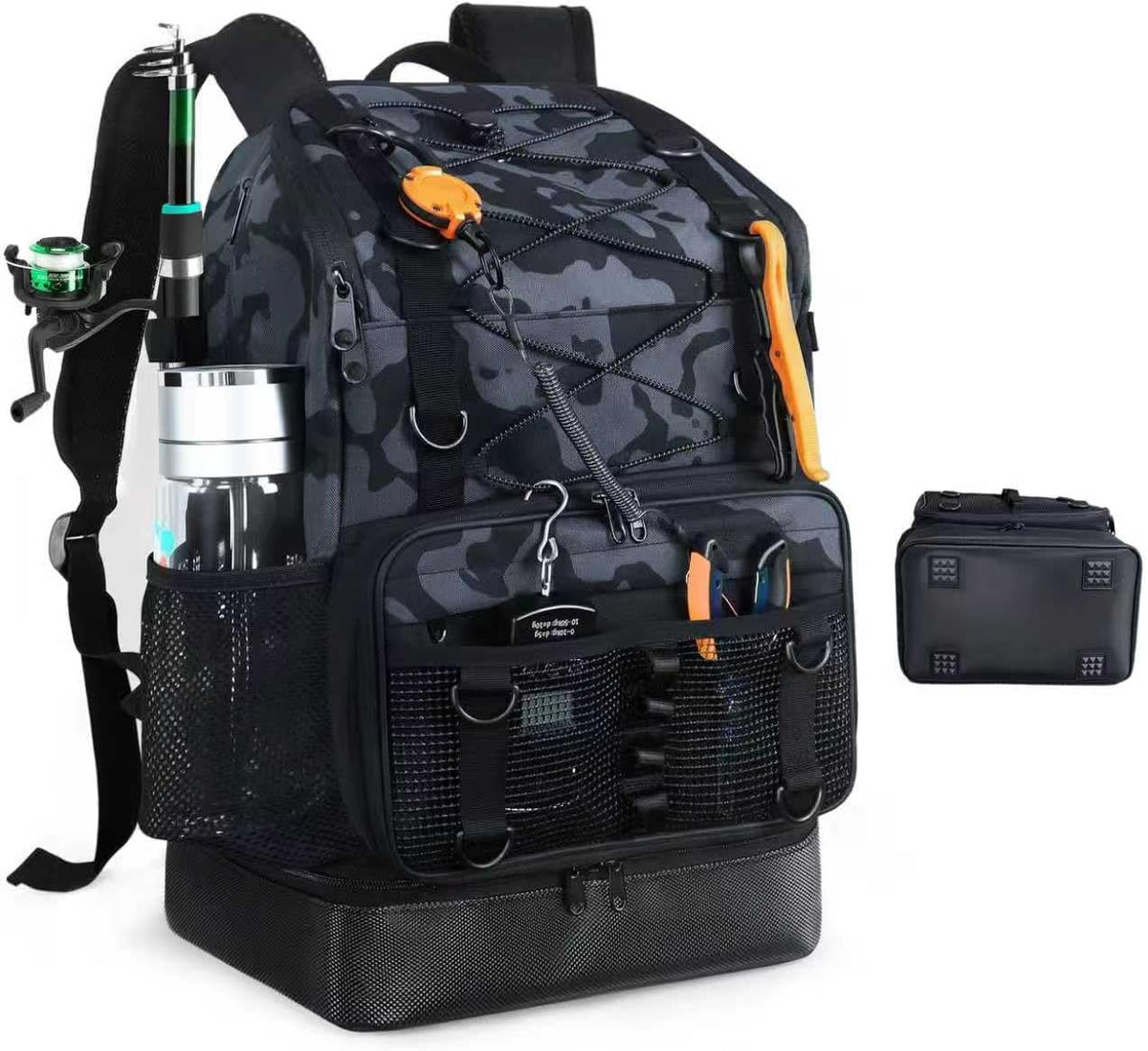 Fishing Backpack with Rod Holder, Heavy Duty Fishing Bag with Waterproof Bottom, Tackle Backpack Gifts for Man Woman-Black Camo