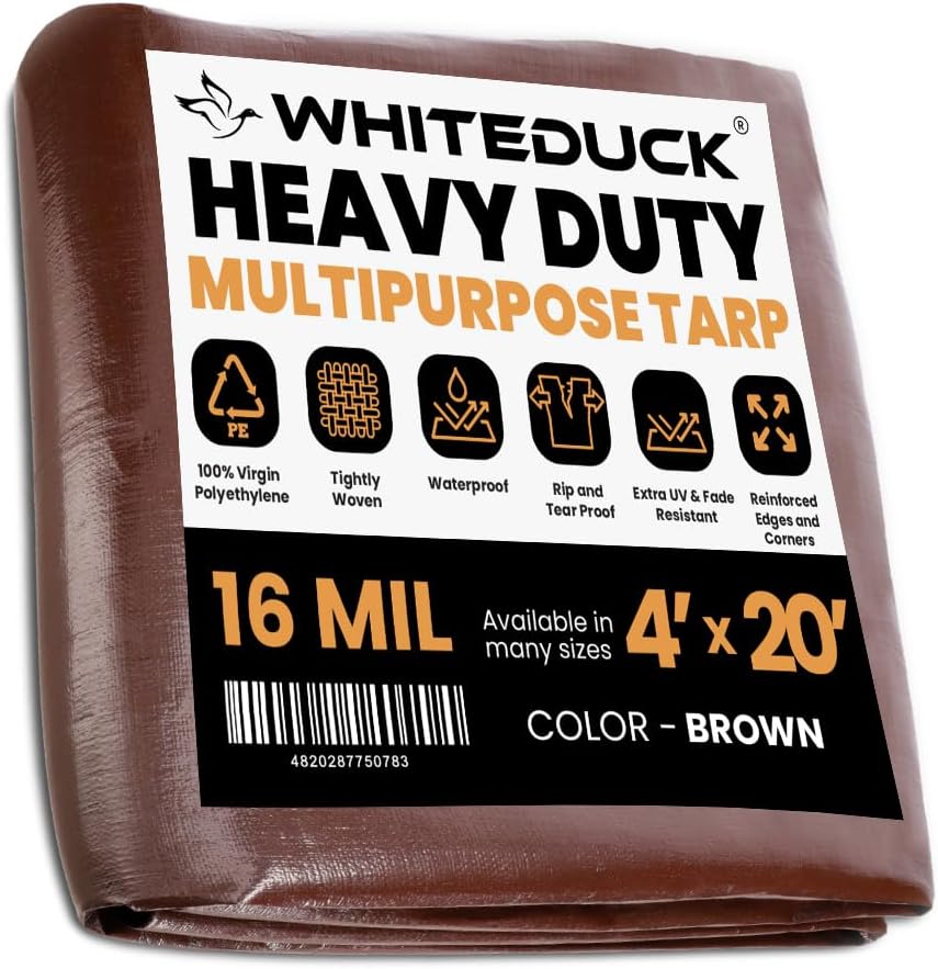 WHITEDUCK Super Heavy Duty Poly Tarp Cover 16 Mil with Grommets and Reinforced Edges (Brown- 16 Mil, 4' x 20')