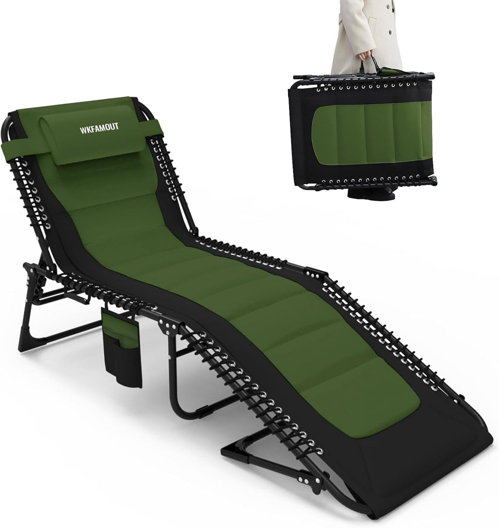 Oversized Padded Outdoor Folding Lounge Chair for Adults 330Ibs Patio Chaise Lounge Chair for Outside Adjustable 5-Position Reclining Beach Chair with Pillow Pocket