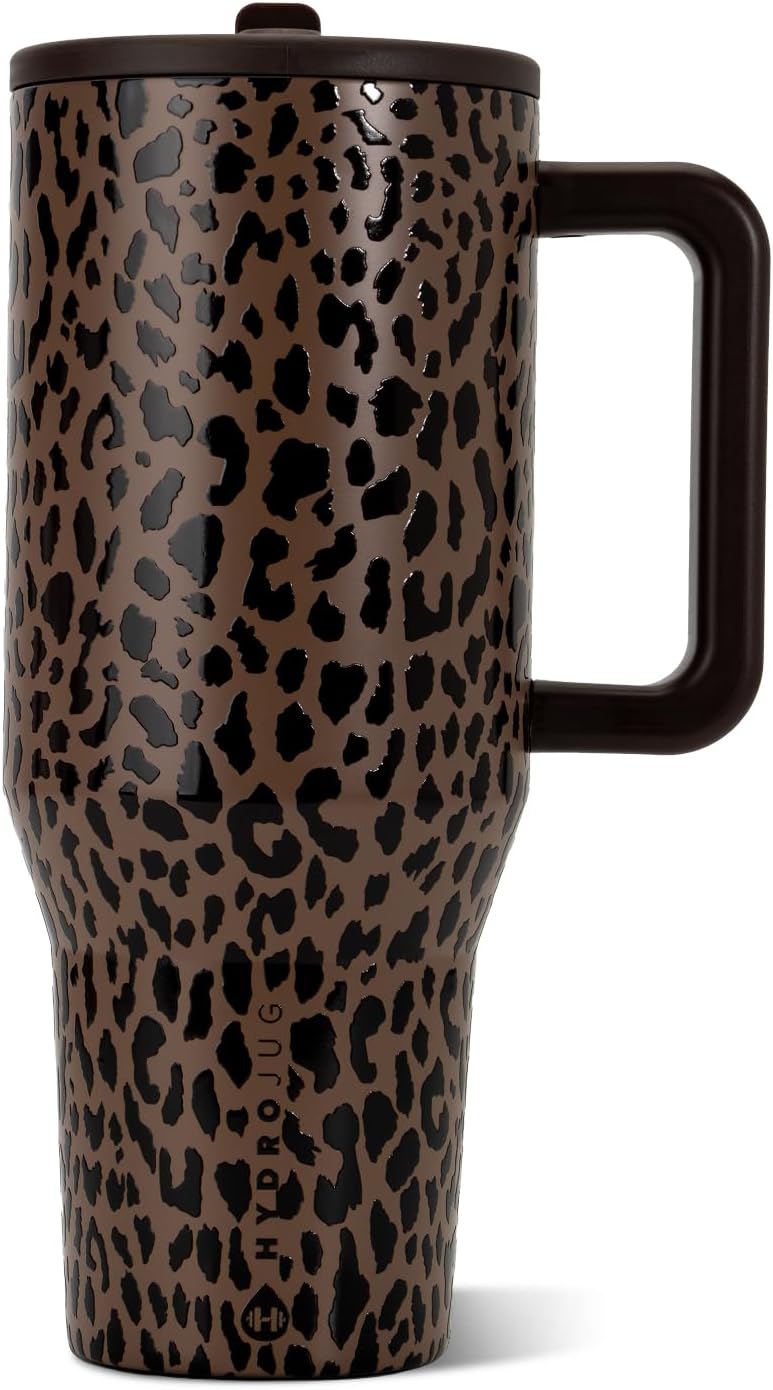 HydroJug Traveler 40oz, Insulated Tumbler with Handle & Straw, Brown Leopard
