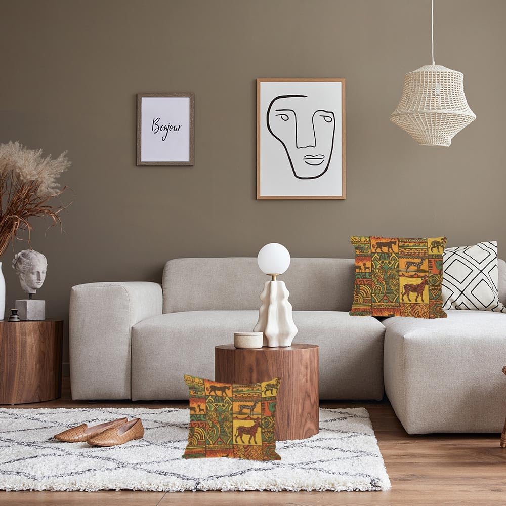 African Pattern Throw Pillow Covers Tribal Elements with Animal Silhouettes Throw Pillow Covers 18"x 18" Set of 2 for Living Room Couch Bed Sofa Home Decor Soft Cushion Case
