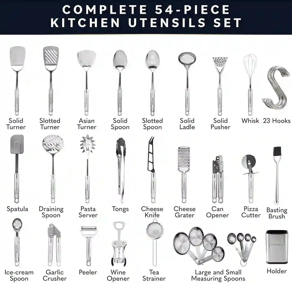 Home Hero 54-Piece Stainless Steel Kitchen Utensils Set - Heat-Resistant Nonstick Silicone & Stainless Steel Cooking Utensils - Complete Tools with Slotted Spoon & Pasta Spoon - Pack of 54, Silver