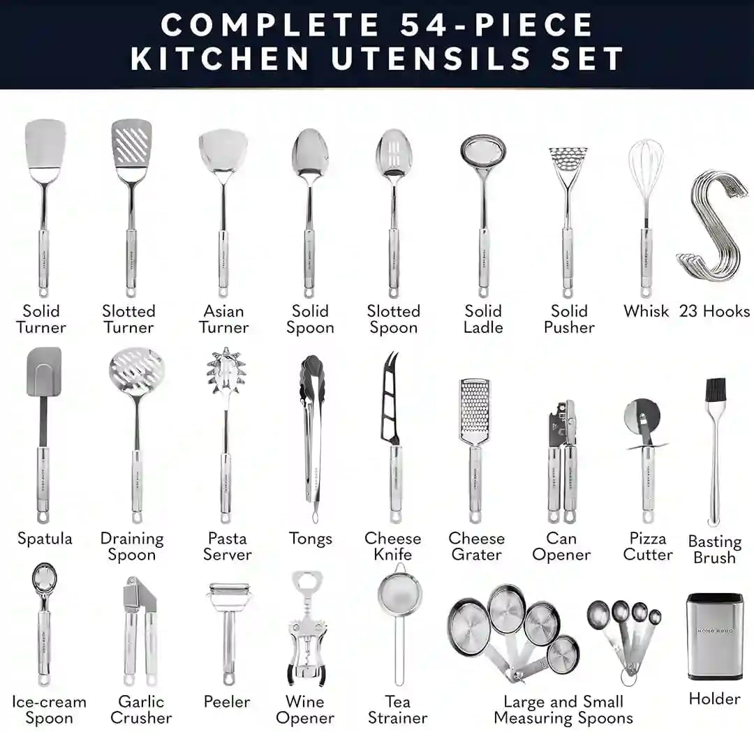 Home Hero 54-Piece Stainless Steel Kitchen Utensils Set - Heat-Resistant Nonstick Silicone & Stainless Steel Cooking Utensils - Complete Tools with Slotted Spoon & Pasta Spoon - Pack of 54, Silver