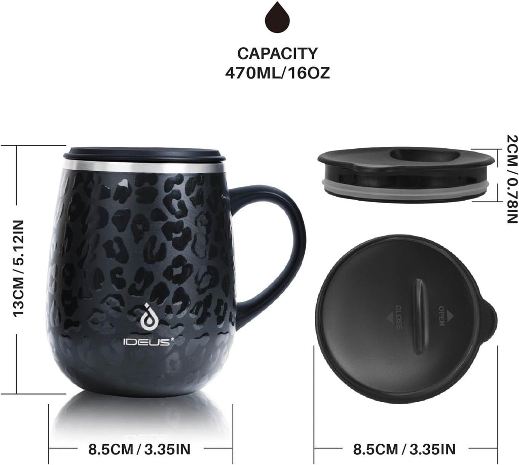 Ideus 16 oz Insulated Coffee Mug with Lid and Handle (Leopard Black)