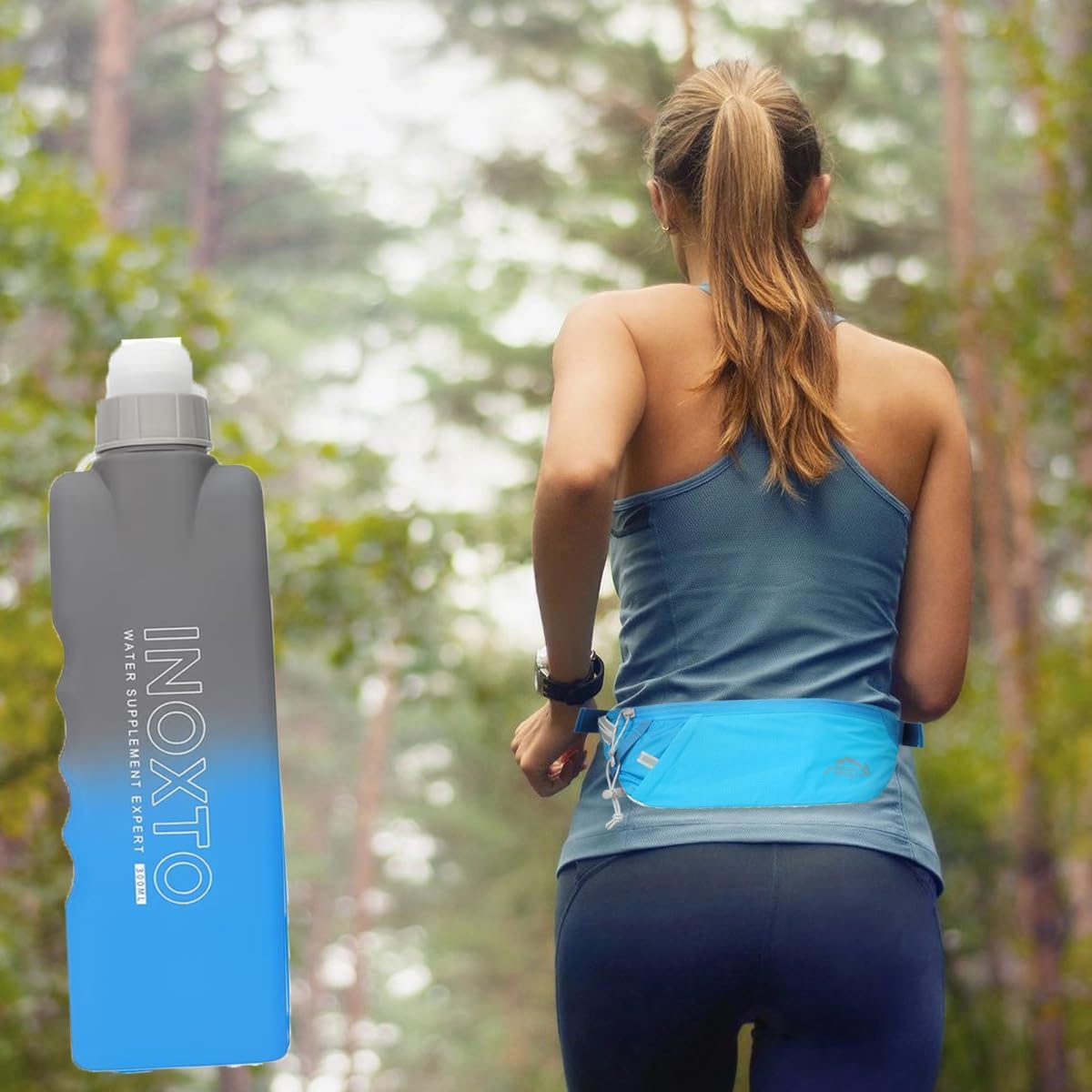 INOXTO Slim Running Belt Fanny Pack for Women and Men Sports Waist Bag Pack with 300ml Water Bottle for Running Walking Cycling Hiking Reflective Running Pouch Belt for All Phones (Black) (Blue)