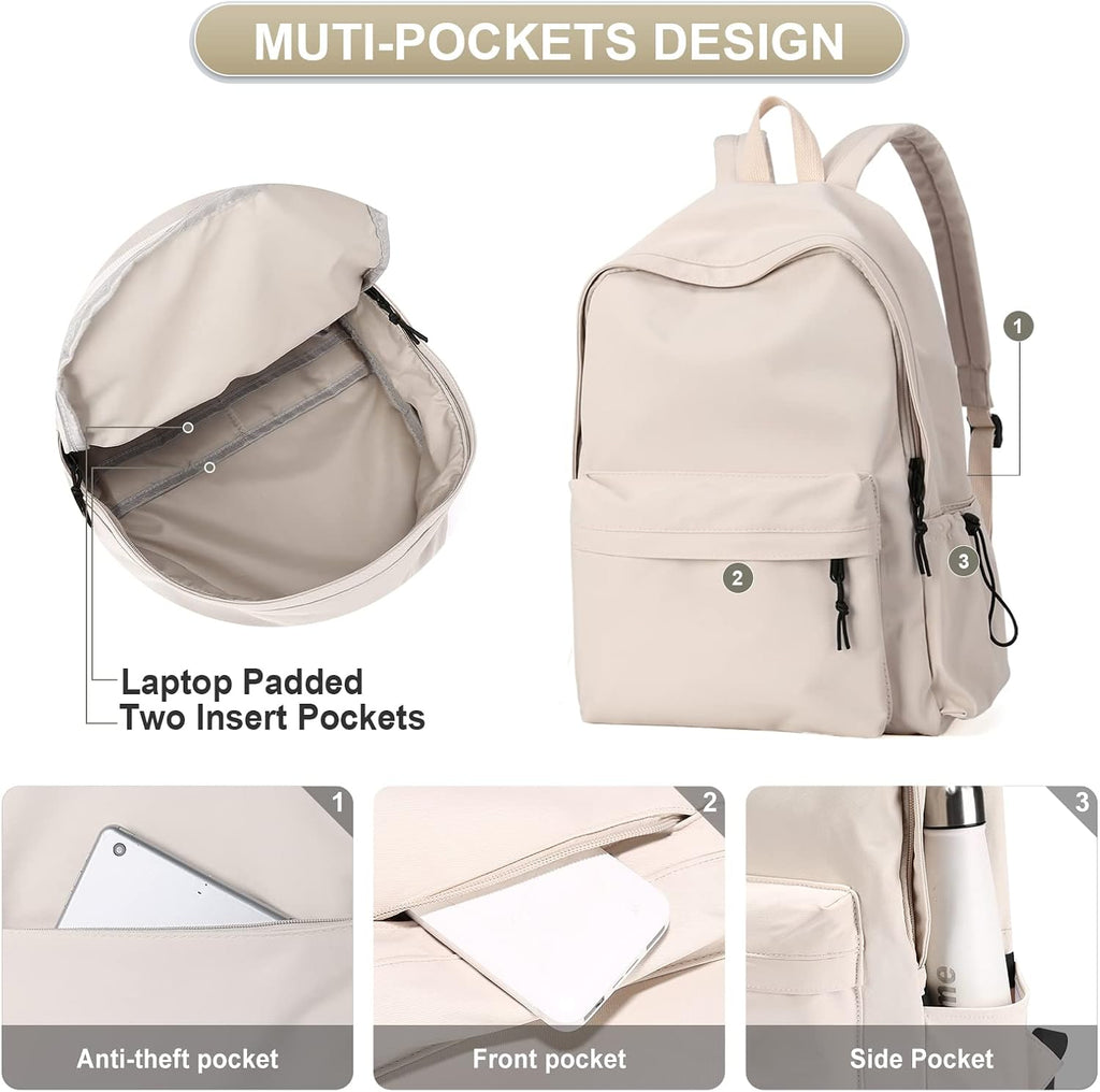 Beige School Backpack for Girls Water Resistant High School Book Bag Simple Backpack for Teens Boys Girls, Lightweight Middle School Back Pack Daypack