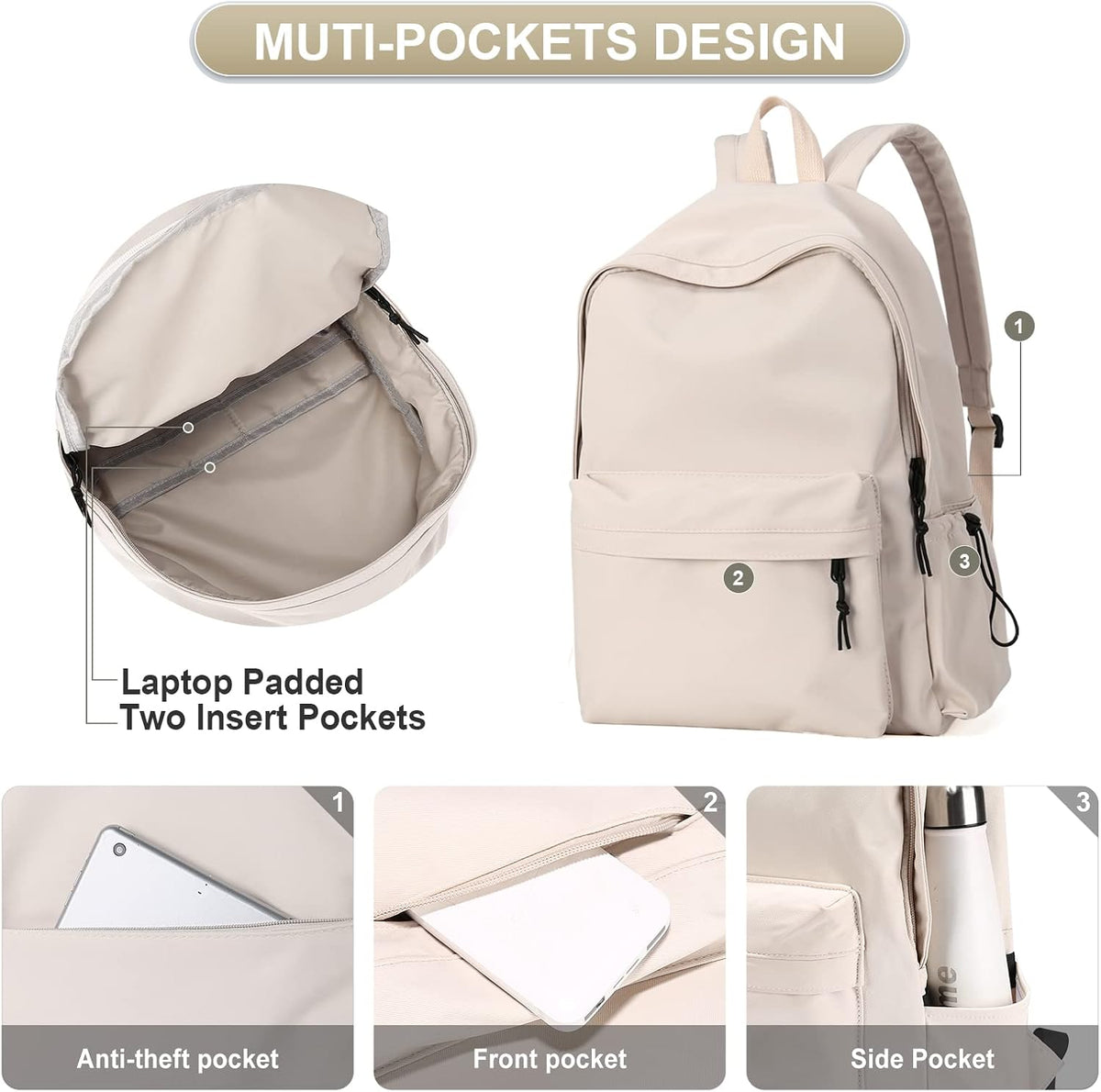 Beige School Backpack for Girls Water Resistant High School Book Bag Simple Backpack for Teens Boys Girls, Lightweight Middle School Back Pack Daypack