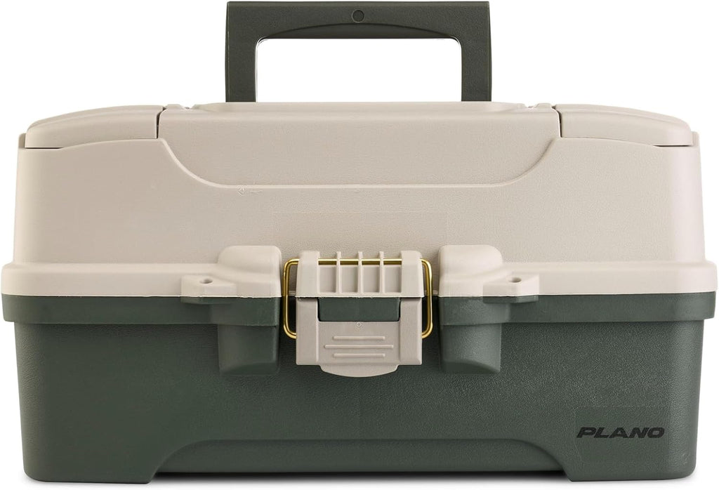 Plano Three-Tray Tackle Box Bass Kit, Tan/Green, Rust-Proof Brass Latch, Top-Access Tray Compartments with Deep Storage, Made in the USA, Portable Fishing Gear Storage Organizer