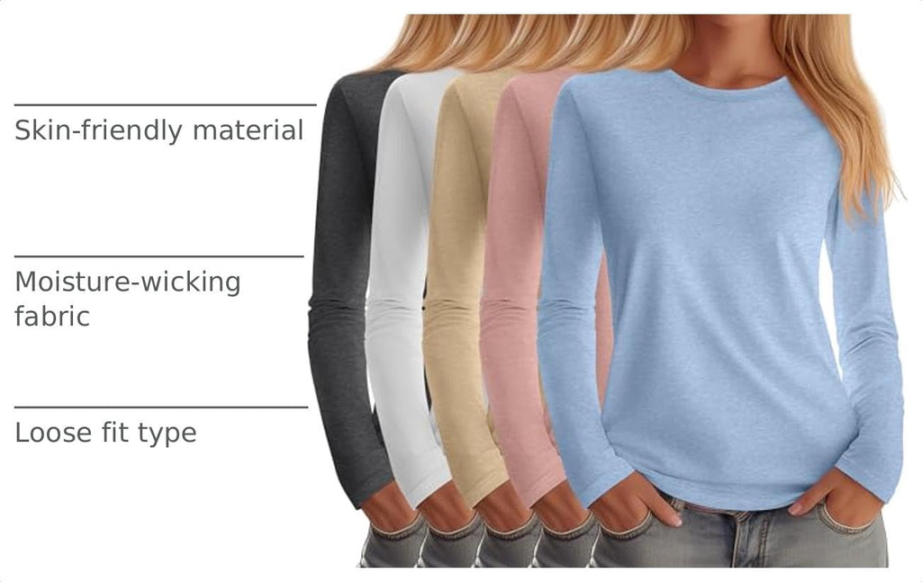 Huukeay 5 Pack Women's Crew Neck Long Sleeve Shirts