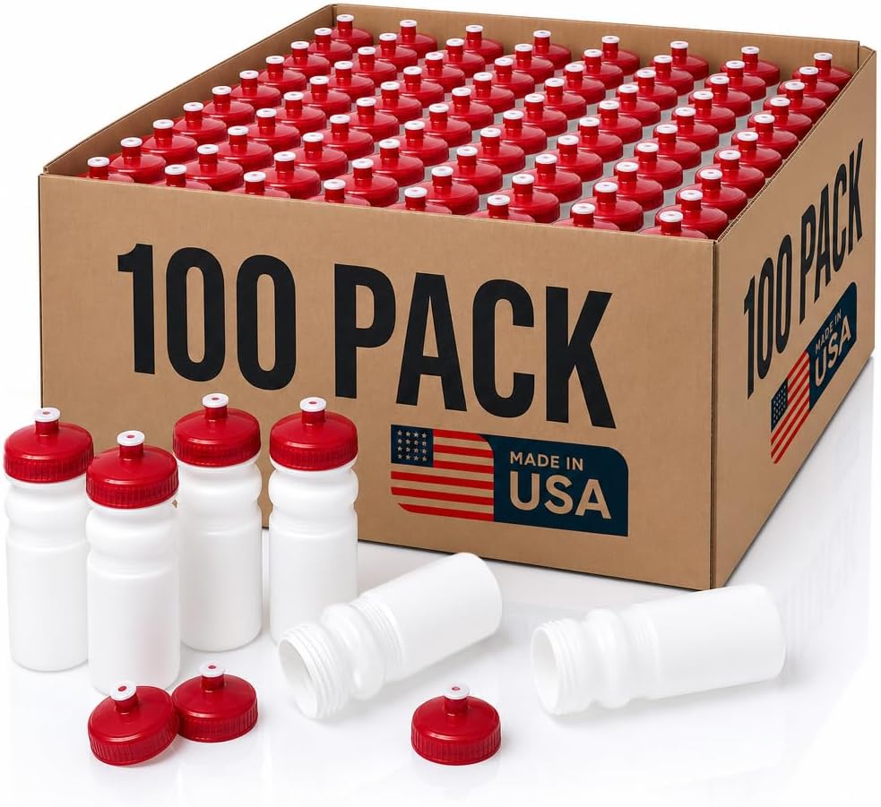 Rolling Sands Reusable Bulk Water Bottles 100 Pack - 20 Oz Sports Water Bottles, USA Made, BPA-Free, Wide Mouth for Easy Cleaning, Dishwasher Safe, Break Resistant
