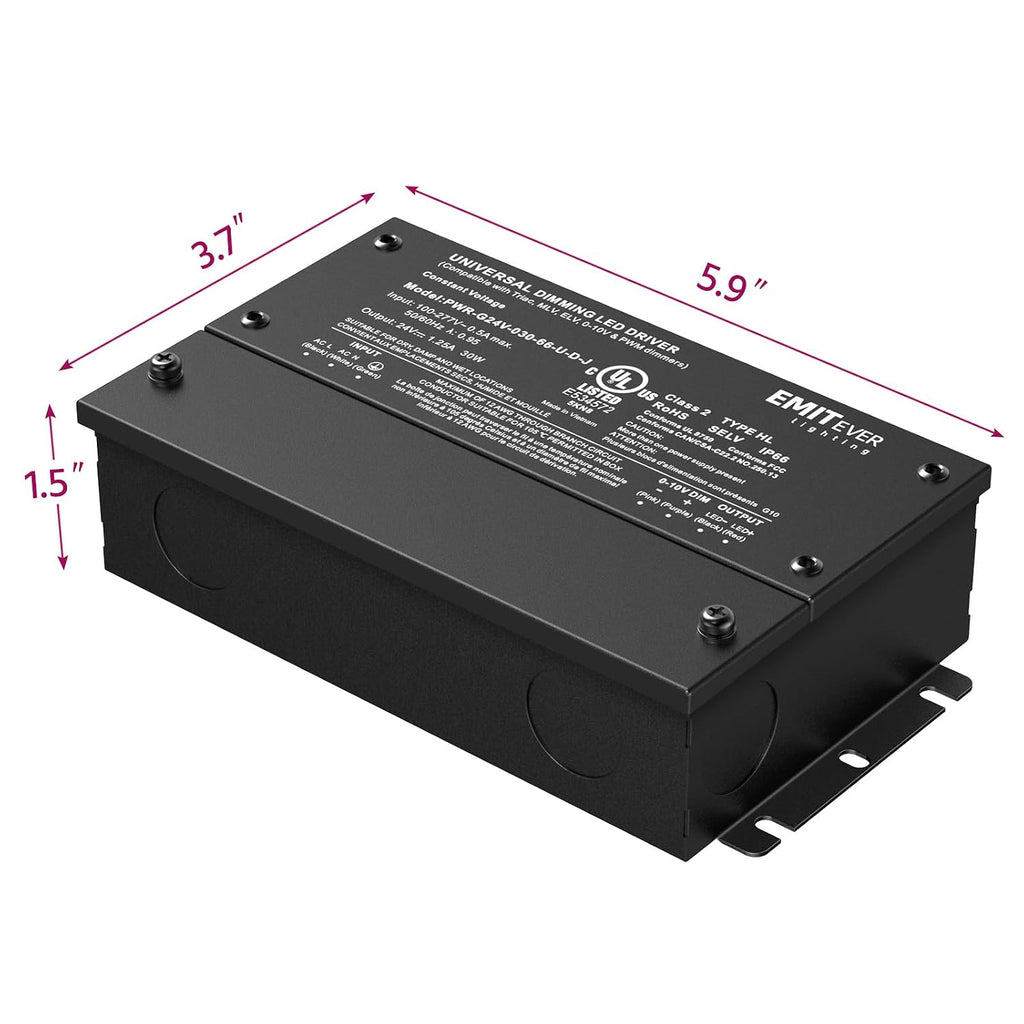 EMITEVER 2-Pack 30W 24V 5-in-1 Dimmable LED Driver, AC 110-277V to DC