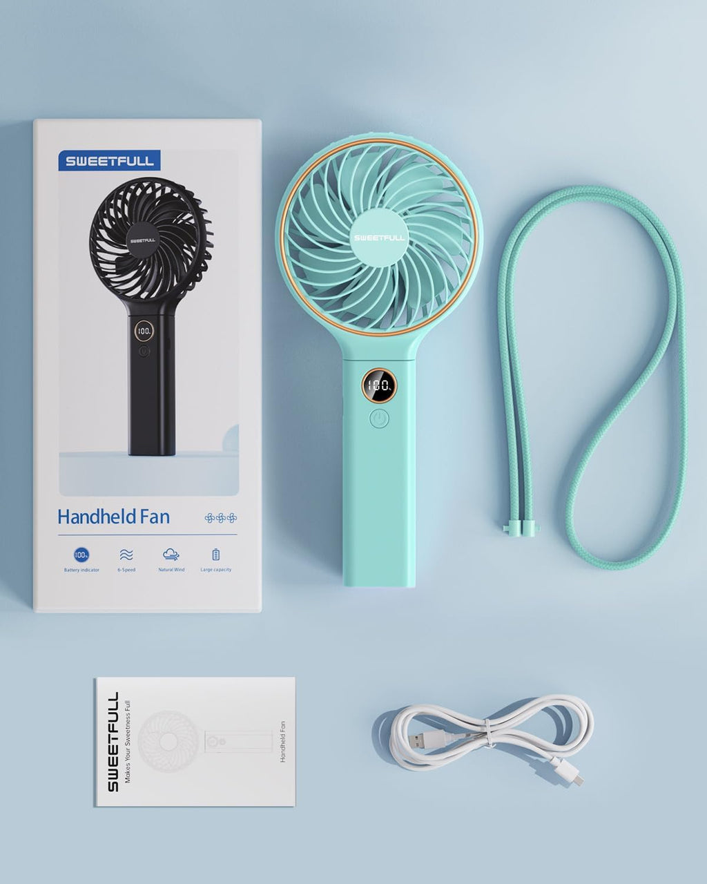 SWEETFULL Handheld Fan, Portable Fan, 5000mAh Rechargeable Battery, 6 Speed Wind, LED Display, Personal Mini Travel Fan with Backup Power, Hand Held Fan USB Foldable Electric Fan for Women Girl