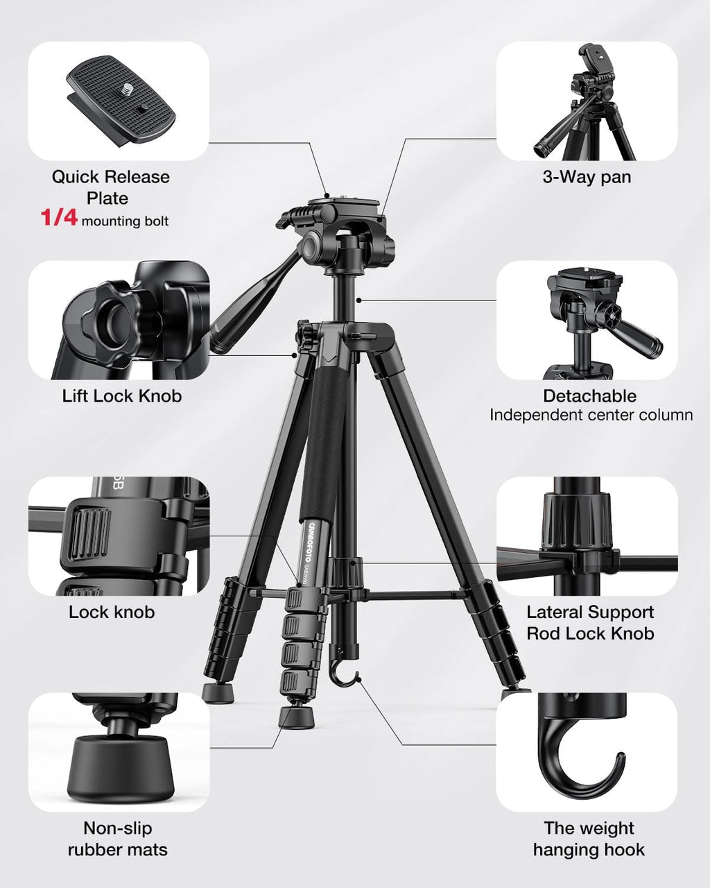CAMBOFOTO 73" Camera Tripod and Monopod, Aluminum Tripod Stand/Black