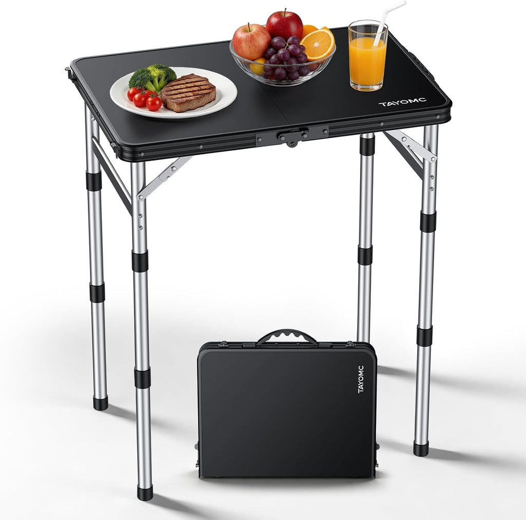 2ft Plastic Folding Table, 3 Adjustable Height Waterproof Small Folding Camping Table Lightweight & Portable with Carry Handle, for Indoor Outdoor RV Travel Picnic Beach, 22.8" X 15.7", Black