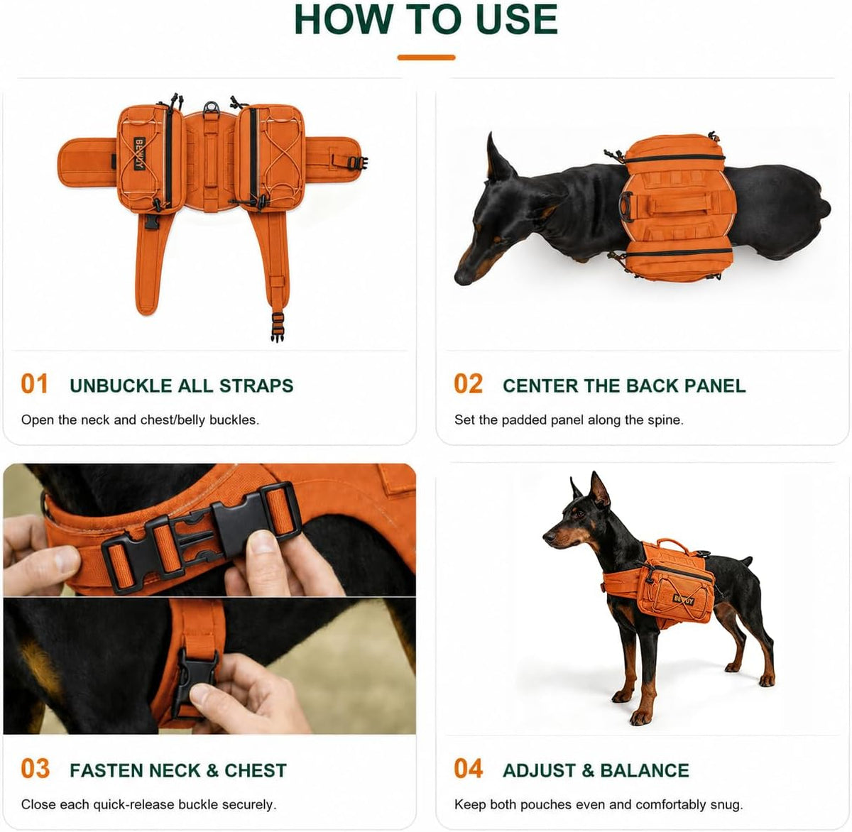 Tactical Dog Backpack for Medium Large Dogs, Reflective Pack Harness with Storage, Poop Bag Pocket, Includes Free Anti-Pull Leash (Orange, L)