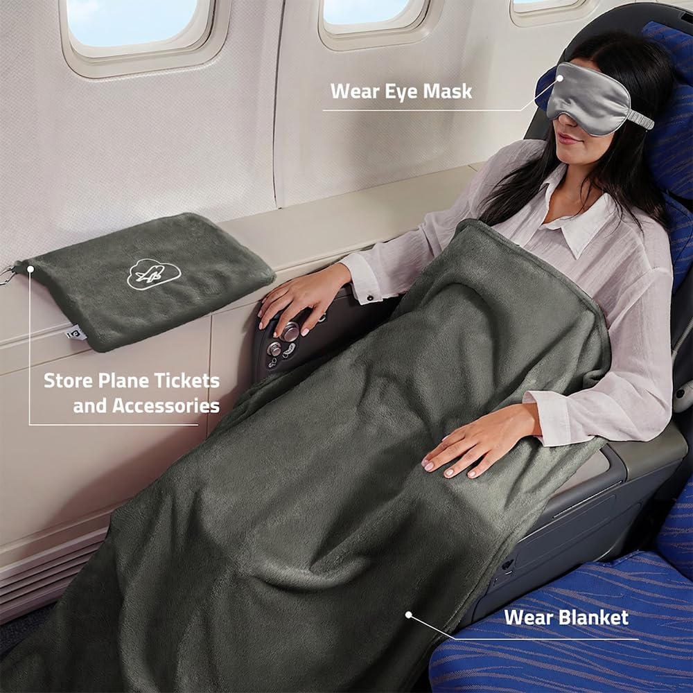 Travel Blanket, Airplane Blanket, Ultra-Soft, Warm & Lightweight, 65x40 in, Outdoor Blanket Essentials for Women, Men & Kids, Included Eye Mask, Luggage Sleeve & Backpack Clip Dark Grey