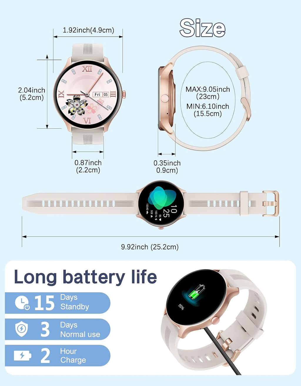 HUAKUA Smart Watch for Women Men Answer/Make Calls for iPhone/Android Cream
