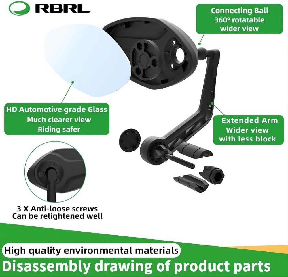 RBRL Bike Mirror Bar End Bike Mirror, Rotatable Bicycle Mirror, Automotive Grade Glass Bike Side Mirrors, Scratch Resistant E-Bike Universal Rearview Mirrors for Mountain bike (Left)