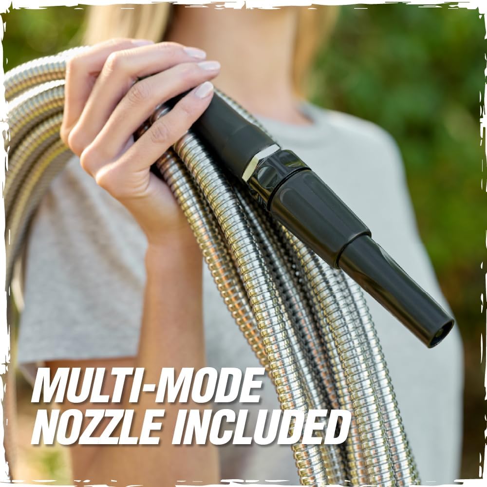 RUGGED RHINO Metal Garden Hose with Spray Nozzle, 50FT, 304 Stainless Steel, 750 PSI Burst Strength, Heavy Duty Flexible Water Hose, Kink Resistant, Leakproof for Yard, Lawn and Outdoor Use, Silver