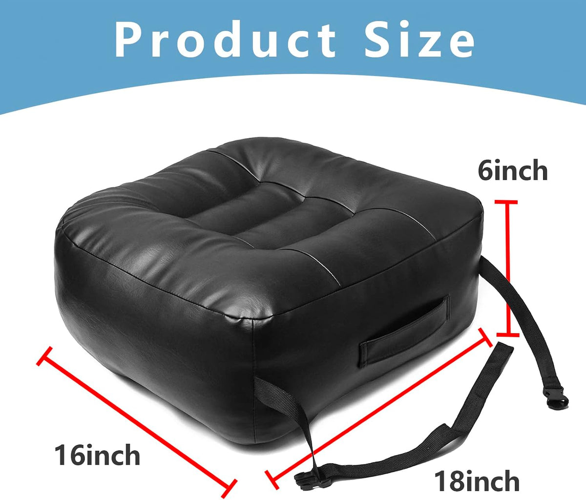 YOUFI Leather Seat Cushion Extra-Thick Booster for Office Chair to Rise Height - Full Filling for Support - with Breathable Cover, Handle and Buckle - Relieves Back Pain – 18"x16"x6" (Black)