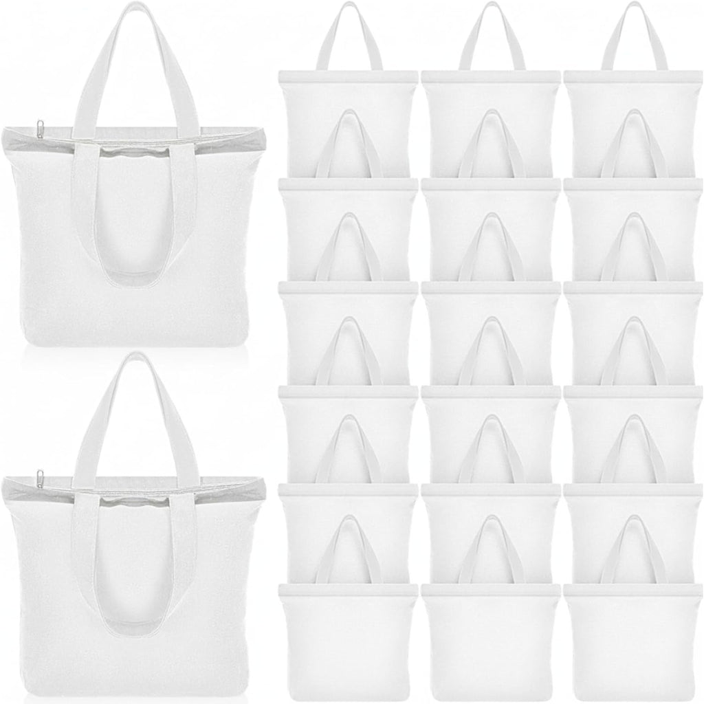 Silkfly 20 Pcs Canvas Tote Bags Bulk 16.5x13.4'' Blank Cotton Canvas Bag with Zipper Handles Reusable Plain Grocery Makeup Handbag for DIY(White)