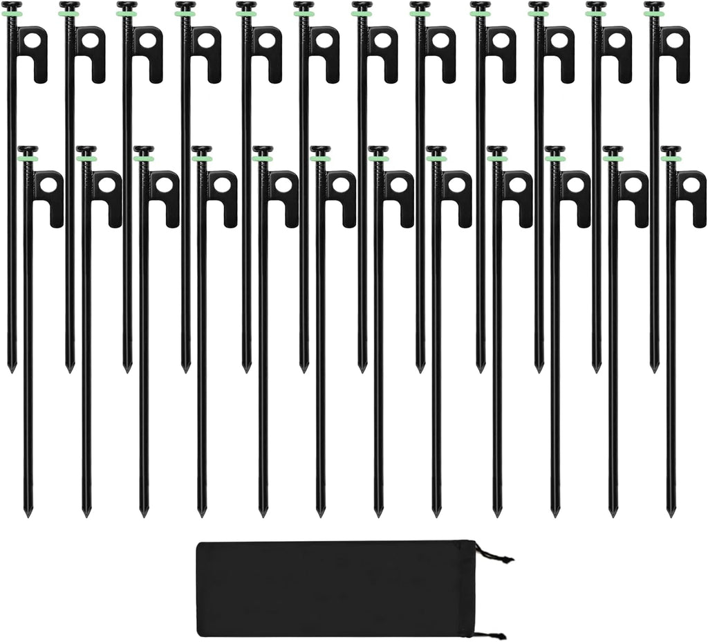 24Pcs Tent Stakes, 12in Heavy Duty Tent Stakes with Storage Pouch, Forged Steel Metal Stake for Tent Used on Rocky Place, Grassland, Dessert(24Pcs, 12in, Diameter 1/4")