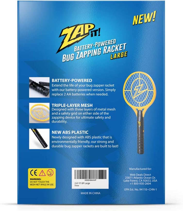 ZAP IT! Electric Fly Swatter Racket - 3,500 Volt Bug Zapper Racket - Battery-Powered Mosquito Zapper with 2 AA Batteries Included -Large-Yellow- Lightweight and Compact for Indoors or Outdoor
