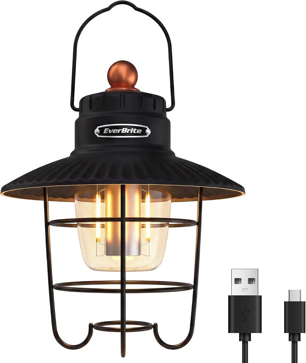 EverBrite LED Camping Lantern Pack of 2, USB C Rechargeable Lantern with 3 Light Modes, Vintage Outdoor Lanterns with Power Bank Function for Power Outages, Hurricane, Emergency, Fishing