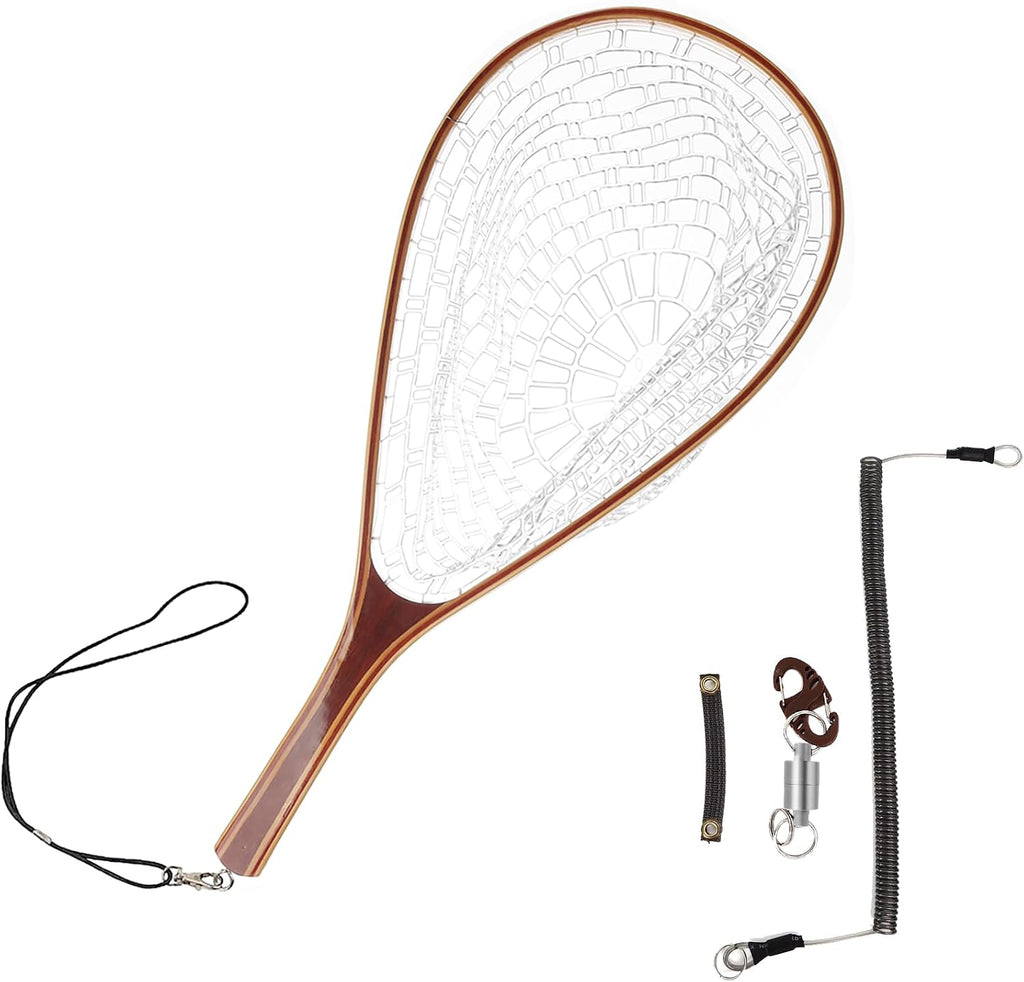 Aventik Fly Fishing Landing Net for Trout Soft Rubber Ghost Mesh Catch and Release Wooden Frame Lightweight and Tangle-Free