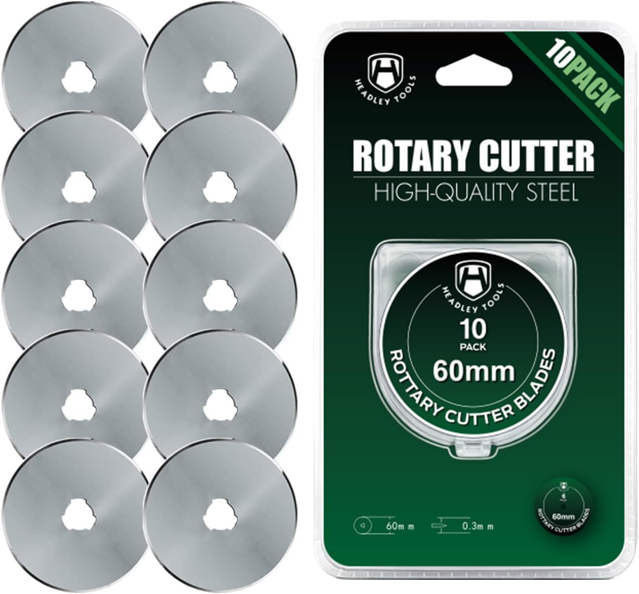 HEADLEY TOOLS 60mm Rotary Cutter Blades 10 Pack Fits Olfa, Fiskars, Replacement Rotary Blade for Arts Crafts Quilting Scrapbooking Sewing, Sharp and Durable