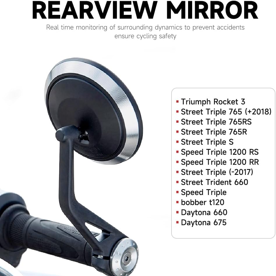 Motorcycle Handlebar Bar End Mirrors, CNC Aluminum 360 Degrees Adjustment Rearview Mirror Fit for Triumph Rocket 3/Street Triple 765RS/Bobber T120/Daytona 660 (Round Bar End Mirror)