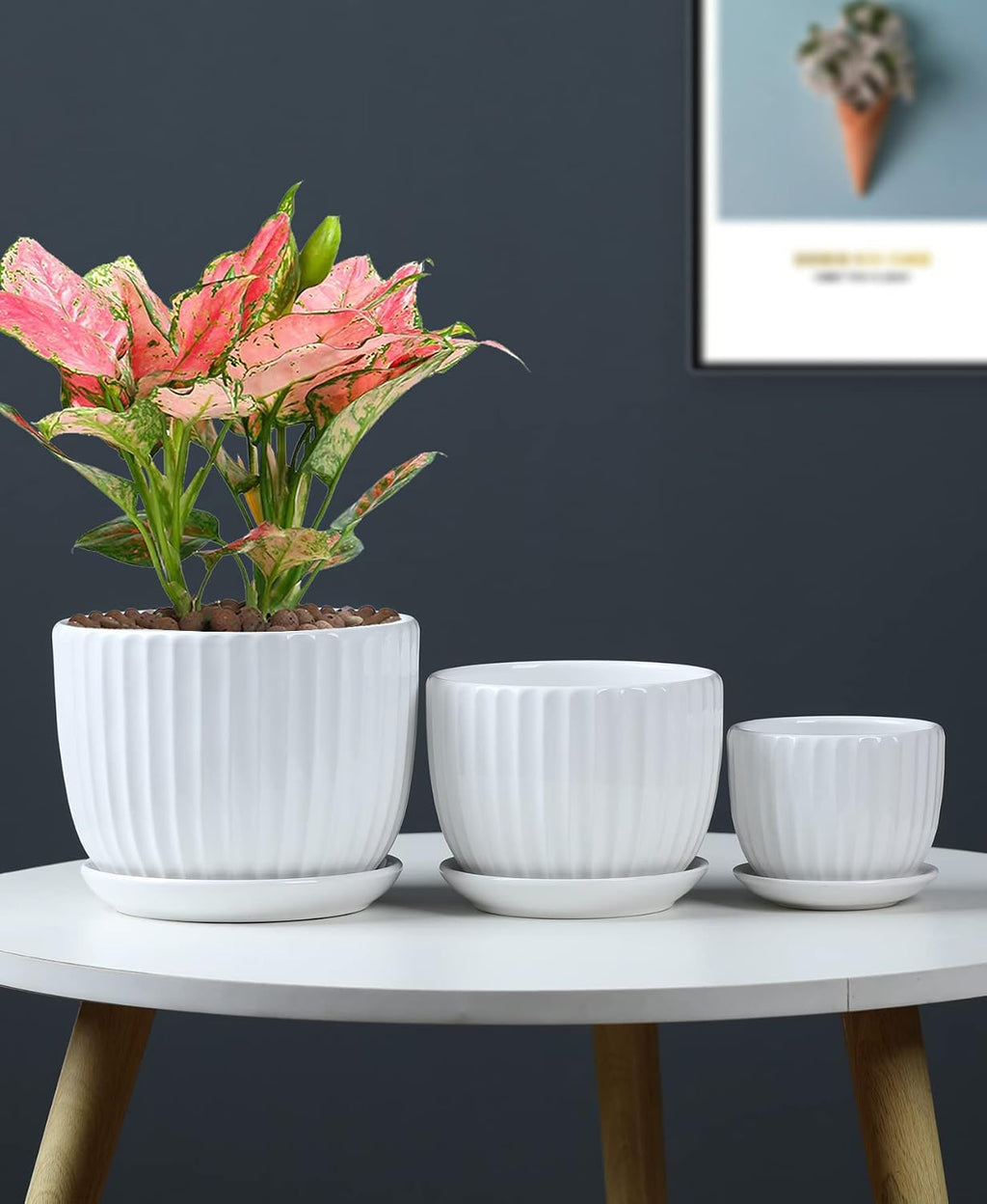 White Plant Pots,Ceramic Flower Pot Set of 3 with Drainage Holes & Saucers