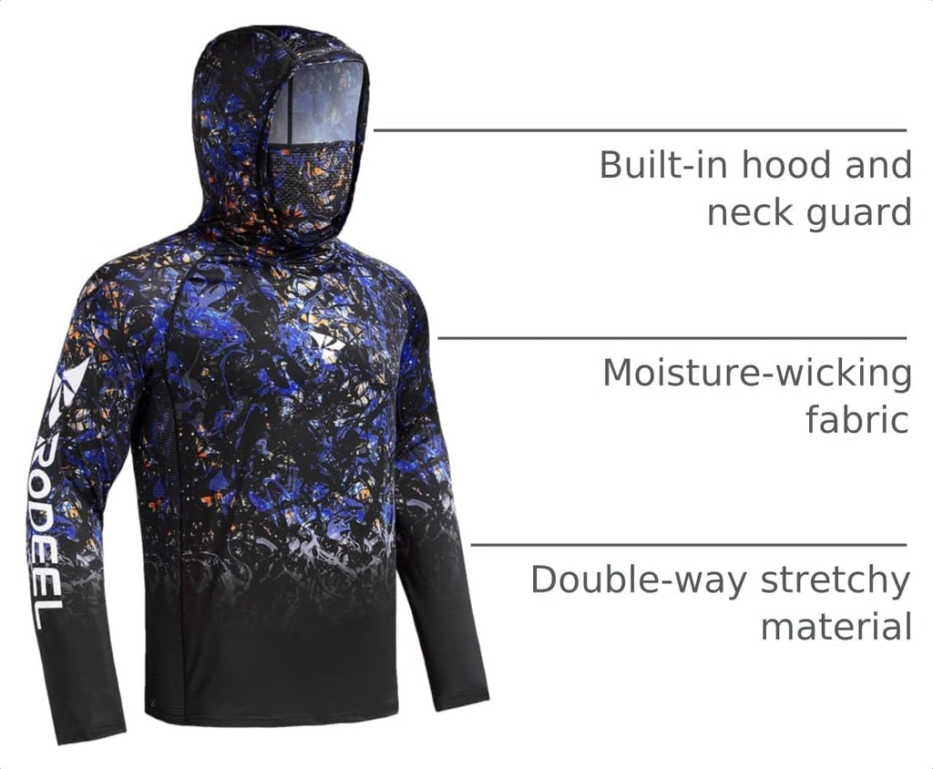 Rodeel UPF 50+ Men’s Long Sleeve Performance Fishing Hiking Shirt with Mask UV Neck Gaiter Hoodie
