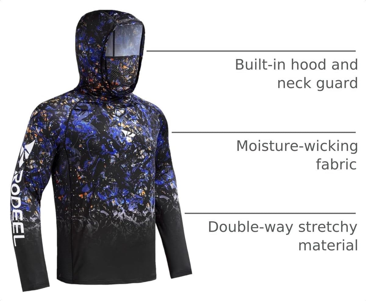 Rodeel UPF 50+ Men’s Long Sleeve Performance Fishing Hiking Shirt with Mask UV Neck Gaiter Hoodie