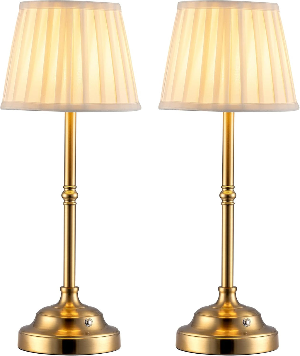 KDG Gold Cordless LED Table Lamps Set of 2, Beige Fabric Shade Desk Lamps