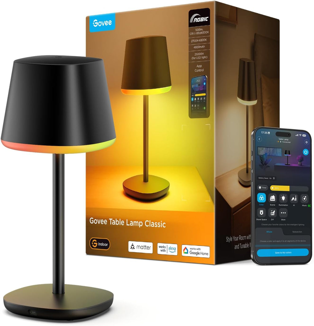 Govee Smart Cordless Table Lamp Classic (No Adapter), RGBIC Desk Lamp