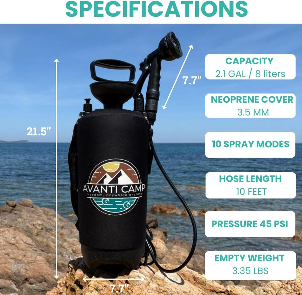 2.1 Gallon Pressurized Portable Camping Shower | 10-Mode Spray Head | Premium Neoprene Insulated Sleeve & Padded Shoulder Strap | Rinse Kit for Surf, Sand, RV, Road Trips & Pets | Black