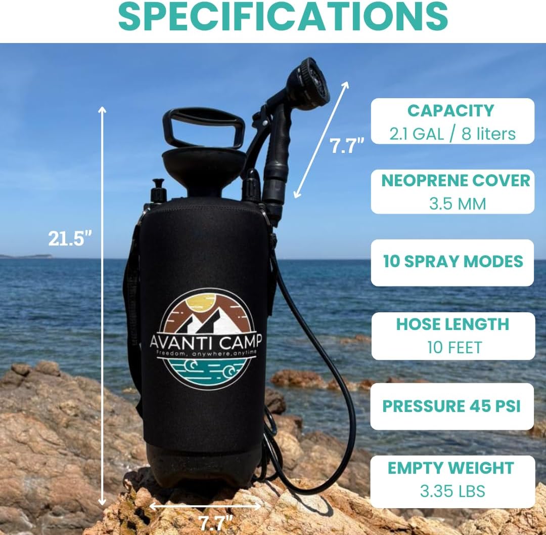 2.1 Gallon Pressurized Portable Camping Shower | 10-Mode Spray Head | Premium Neoprene Insulated Sleeve & Padded Shoulder Strap | Rinse Kit for Surf, Sand, RV, Road Trips & Pets | Black