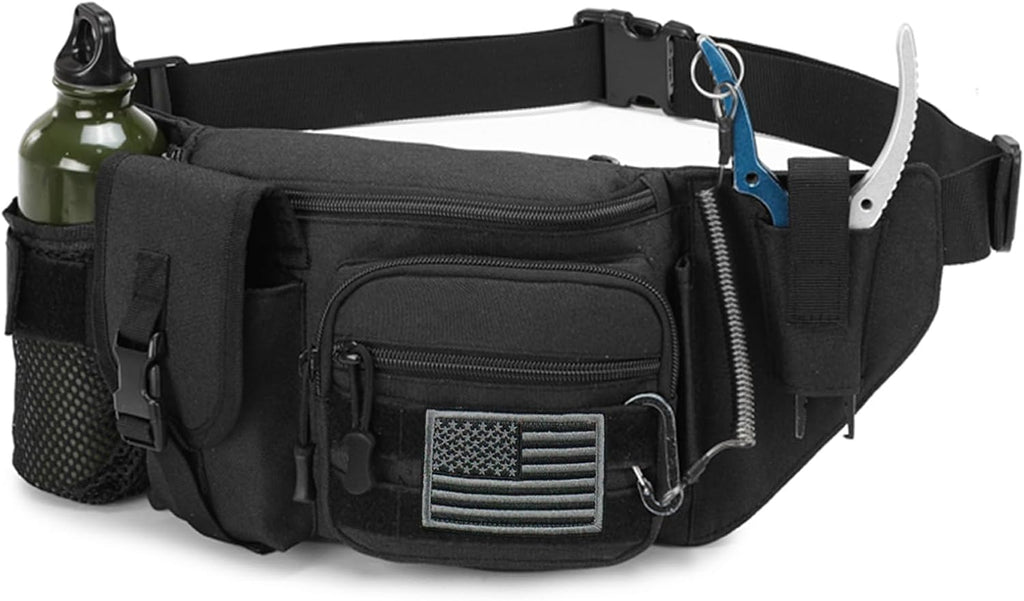 Tactical Fanny Pack For Men, Military Waist Bag Adjustable Hip Belt BumBag EDC Bags for Outdoor Fishing Hiking Hunting with Bottle Holder Pouch and US Flag Patch (Black)
